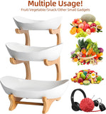 CARLA HOME 3-Tier Ceramic Fruit Bowl Basket with Bamboo Stand for Kitchen Counter, Snack Tray, Dessert Server & Vegetable Storage Rack