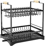 CARLA HOME 2-Tier Large Dish Drying Rack with Drainboard, Utensil Holder, Glass Hooks & Cutlery Storage (Black)