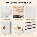 CARLA HOME 6-Layer Large Jewelry Box for Women withDrawers, Mirror, Lock, Necklace Hooks & Side Compartments for Rings, Earrings, Bracelets, Gifts (White)