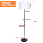 Sarantino Metal Floor Lamp Shade with Black Post in Round Wood Shelves