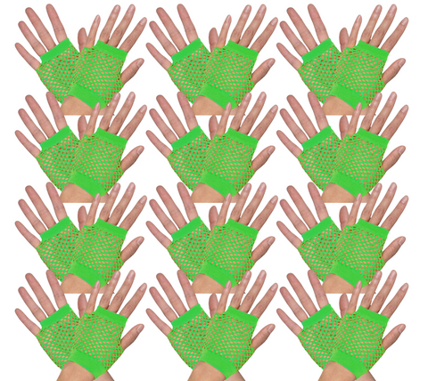 12 Pair Fishnet Gloves Fingerless Wrist Length 70s 80s Costume Party Fluro Green