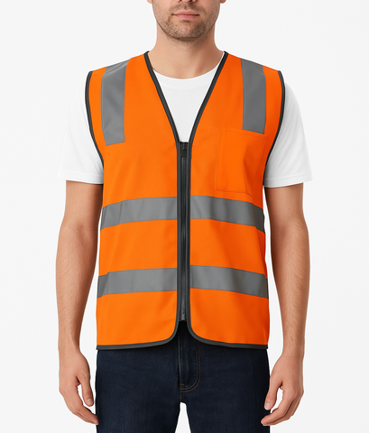 Hi Vis Safety Vest Reflective Tape Zip Up Workwear Pocket High Visibility in Orange - S