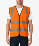 Hi Vis Safety Vest Reflective Tape Zip Up Workwear Pocket High Visibility in Orange - XXL
