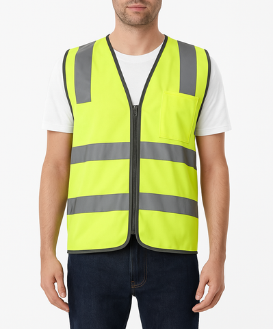 Hi Vis Safety Vest Reflective Tape Zip Up Workwear Pocket High Visibility in Yellow - L